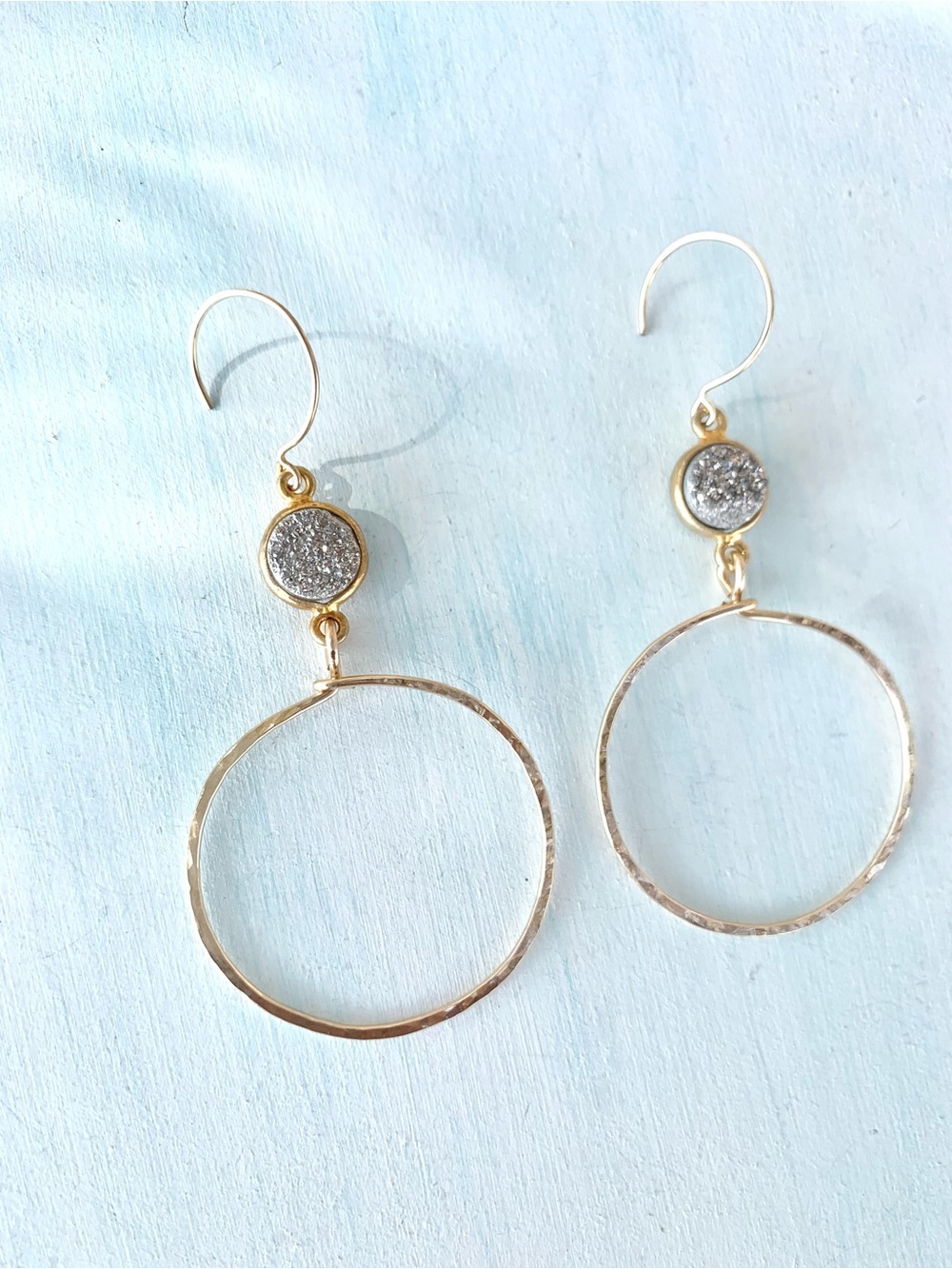 NEW/ Silver Druzy Bezel Sun Catching Hammered Hoop Earrings - 14K Gold Filled